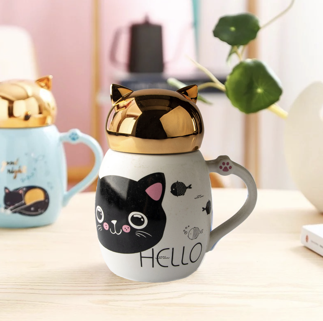 Tazas de Cerámica Diseño Gato con Tapa Dorada - Home Plus